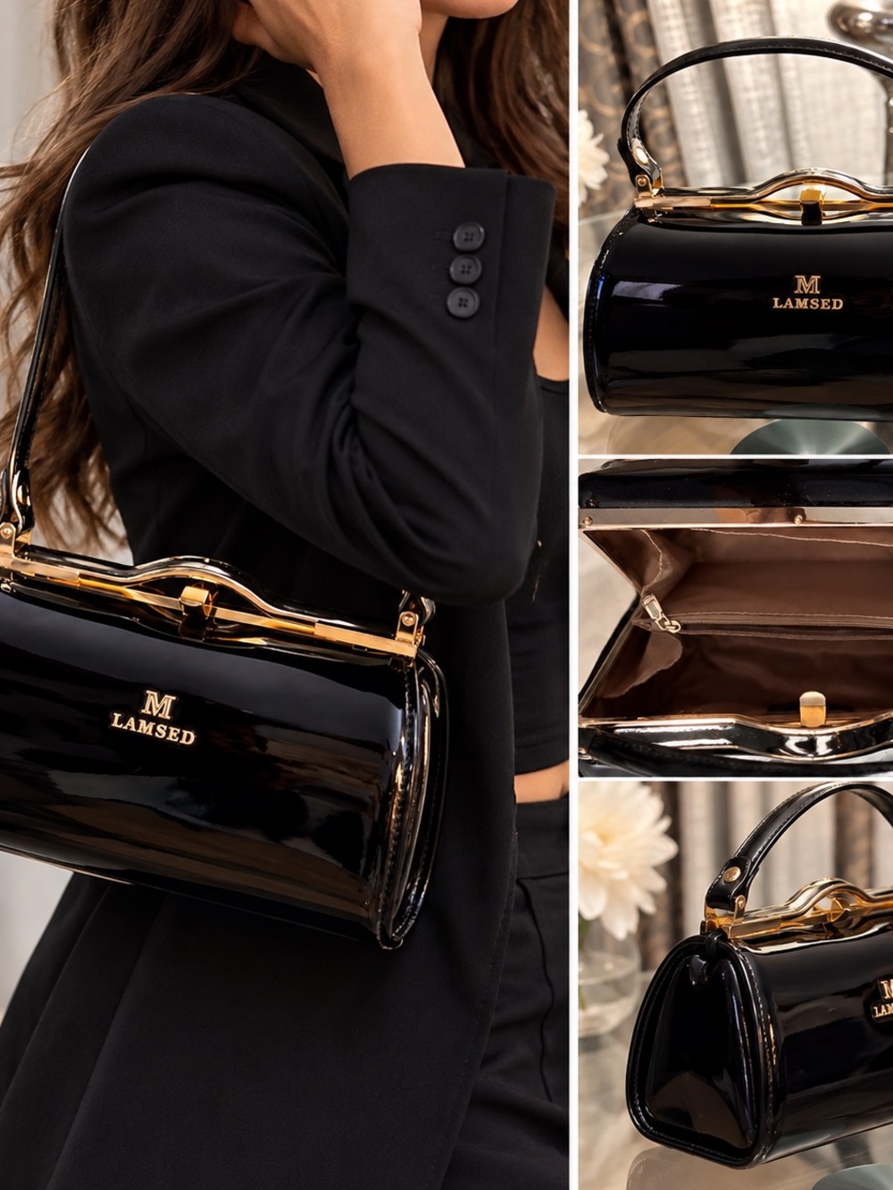 Lantadeli Paris Black Glossy Structured Shoulder Bag Gold Hardware